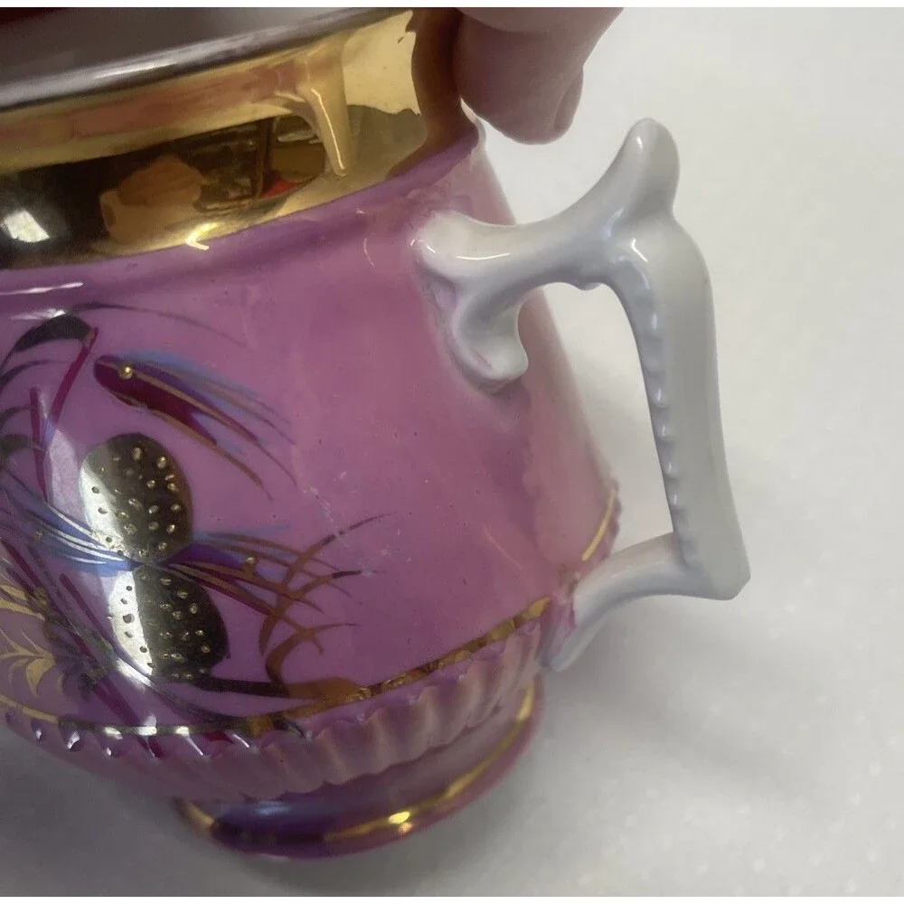 VINTAGE PORCELAIN Coffee Tea Cup Hand Painted Gold Pink Purple Blue STUNNING